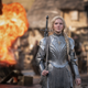 Morfydd Clark as Galadriel on the battlefield.